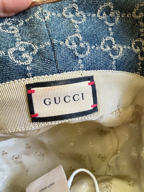 Gucci GG Monogram Blue Denim Bucket Hat — Brown Lambskin Leather Trim, Size M 58 main image 7